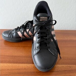 Adidas Women's Neo Baseline Cloudfoam Black Sneakers with Rose Gold Stripes